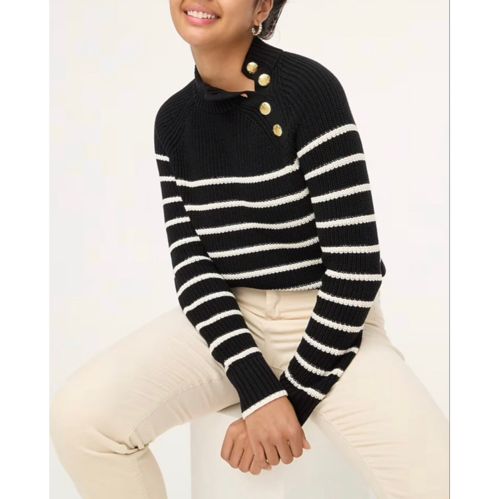 J.Crew Button-shoulder striped mockneck sweater white- Size Large